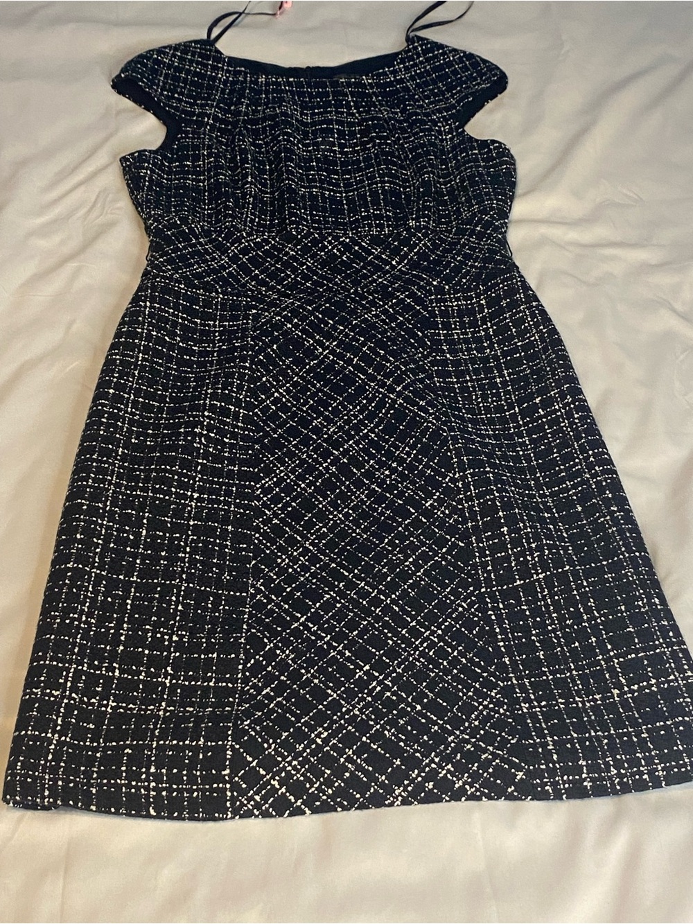 David Meister Women's Sheath Dress 12 Black/White Tweed Plaid Sleeveless Zip